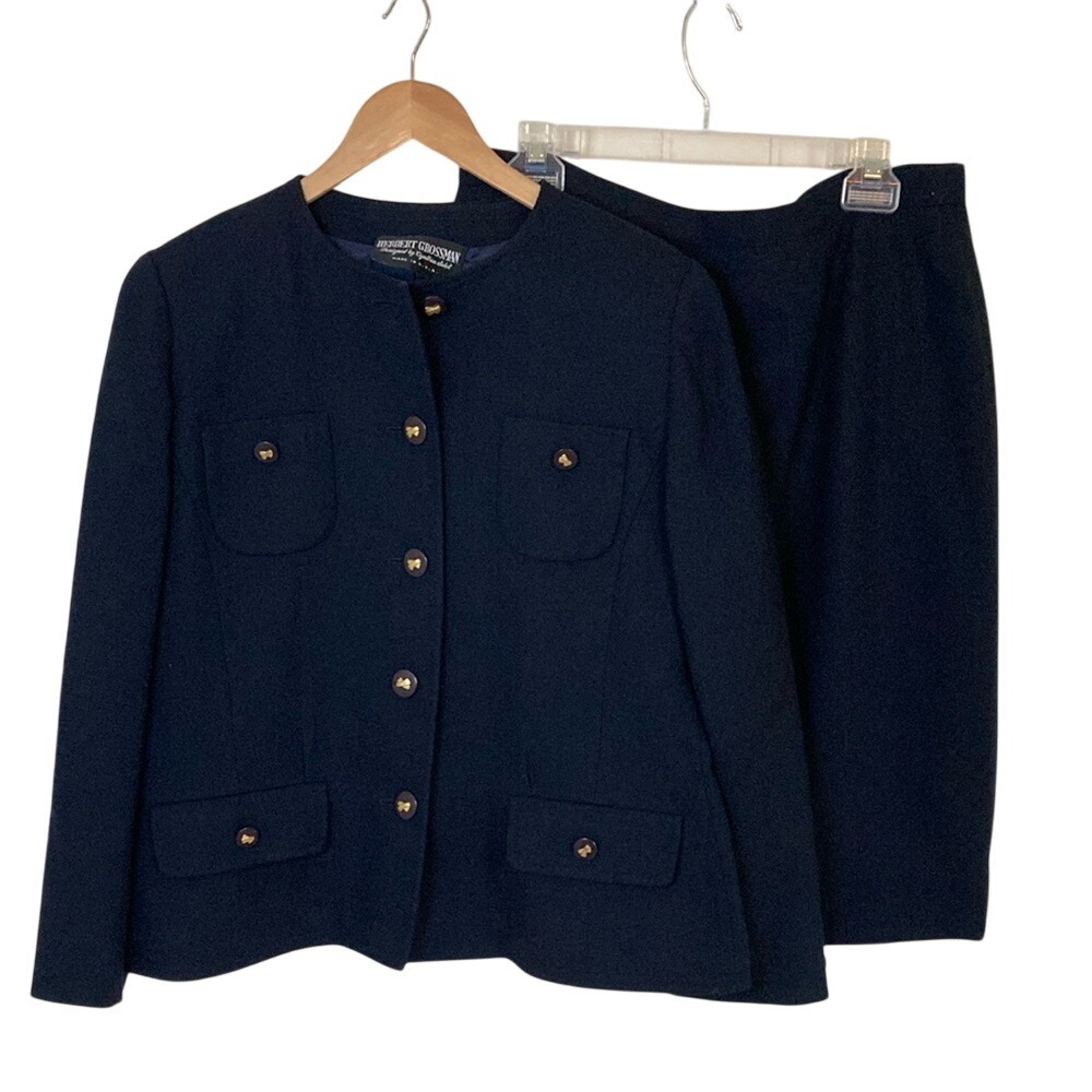 Vintage Herbert Grossman by Cynthia Sobel 100% Wool Skirt Suit‎ Sz 12 Navy USA
